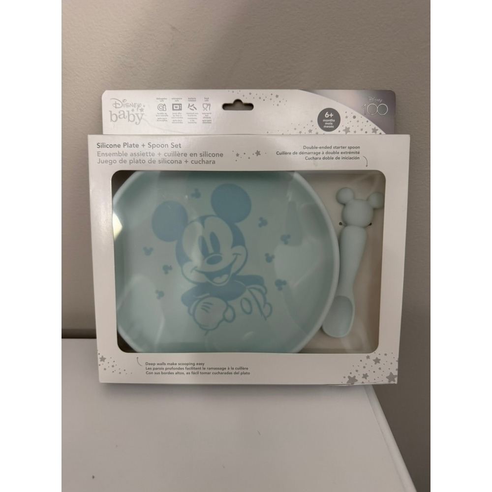 Disney Baby Mickey Mouse Silicone Plate Spoon Set Baby Blue 6M+ NWT